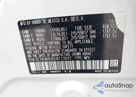 2020 Honda Hr-V Awd Lx из США, поврежденный, VIN 3CZRU6H35LM713047